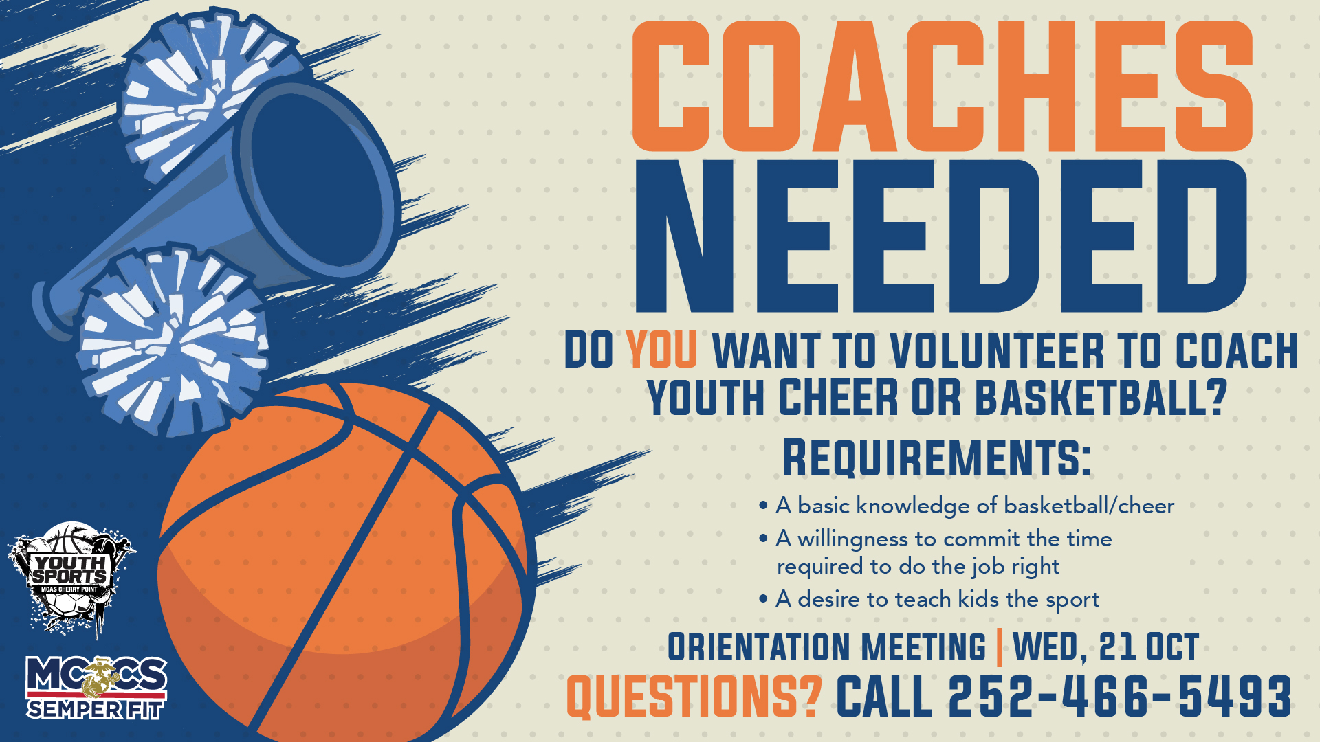 Coaches needed:  Basketball / Cheer